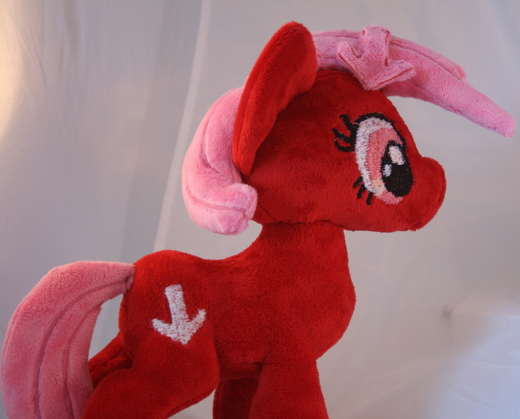 Size: 3212x2592 | Tagged: safe, artist:bastler, derpibooru import, oc, oc:downvote, ponified, unofficial characters only, earth pony, pony, derpibooru, derpibooru ponified, female, irl, mare, meta, photo, plushie, side view, solo, standing