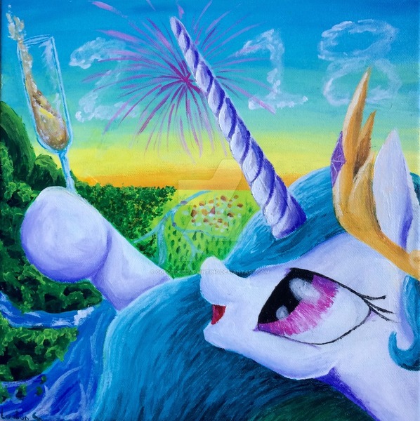 Size: 1024x1027 | Tagged: safe, artist:colorsceempainting, derpibooru import, princess celestia, alicorn, pony, alcohol, champagne, drink, female, giveaway, horn, mare, new year, paint, painting, ponyville, royalty, scenery, solo, traditional art, watermark