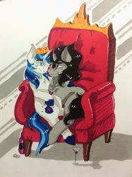 Size: 1018x1360 | Tagged: safe, artist:scootiegp, derpibooru import, king sombra, shining armor, unicorn, alcohol, armchair, bedroom eyes, bottle, chair, cork, crown, gay, glass, grin, holding, hug, infidelity, jewelry, looking at each other, male, plug, regalia, shadow, shiningsombra, shipping, simple background, sitting, sitting on pony, smiling, stallion, throne, traditional art, white background, wine