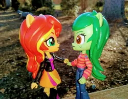 Size: 3136x2448 | Tagged: safe, artist:artking3000, derpibooru import, sunset shimmer, wallflower blush, equestria girls, equestria girls series, forgotten friendship, boots, clothes, custom, doll, dress, equestria girls minis, female, irl, jacket, lesbian, pants, photo, shipping, shoes, skirt, toy, wallset