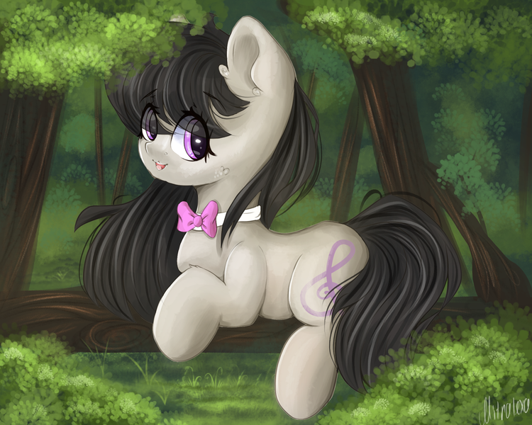 Size: 2000x1600 | Tagged: safe, artist:mitralexa, derpibooru import, octavia melody, earth pony, pony, bowtie, cute, female, forest, looking at you, mare, prone, smiling, solo, tree, tree branch