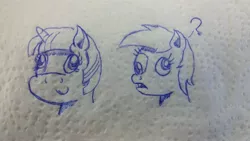 Size: 3264x1836 | Tagged: safe, artist:toyminator900, derpibooru import, derpy hooves, twilight sparkle, pegasus, pony, unicorn, bust, confused, derp, derplight sparkle, duo, female, mare, napkin, portrait, question mark, smiling, toilight paper