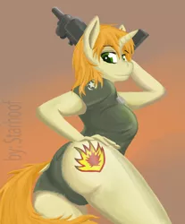 Size: 2428x2935 | Tagged: suggestive, artist:starhoof, derpibooru import, oc, oc:high impact, unofficial characters only, anthro, unicorn, anthro oc, ass, breasts, clothes, female, gun, hand on hip, mare, shorts, solo, solo female, uzi, weapon