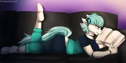 Size: 2000x1000 | Tagged: anthro, artist:fur-what-loo, book, clothes, coco pommel, couch, derpibooru import, oc, oc:cocobot, prone, reading, robot, safe, smiling, solo, unguligrade anthro