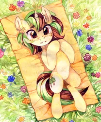 Size: 1282x1543 | Tagged: safe, artist:lispp, derpibooru import, oc, oc:northern spring, unofficial characters only, unicorn, female, flower, freckles, grass, lying, mare, plaid, smiling, solo, traditional art