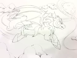 Size: 3692x2796 | Tagged: safe, derpibooru import, oc, oc:icarus the lunar guard, unofficial characters only, bat pony, armor, bat pony oc, bat wings, cloud, cloudy, commission, convention art, flying, male, night, night guard, night sky, sky, speed lines, stallion