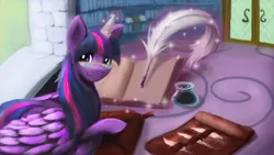 Size: 1024x576 | Tagged: alicorn, artist:shamziwhite, book, bookshelf, derpibooru import, feather, glasses, inkwell, library, pillow, quill, quill pen, reading, safe, solo, twilight sparkle, twilight sparkle (alicorn)