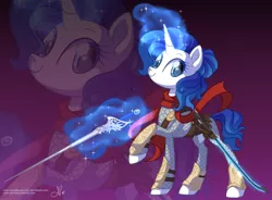 Size: 800x590 | Tagged: safe, artist:arcadianphoenix, derpibooru import, part of a set, oc, oc:aria, pony, unicorn, ponyfinder, bard, commission, crossover, dungeons and dragons, fantasy class, female, levitation, magic, not rarity, pen and paper rpg, raised hoof, rpg, solo, sword, telekinesis, weapon, zoom layer