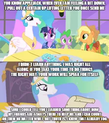 Size: 500x562 | Tagged: applejack, celestia's letter, clothes, derpibooru import, dress, edit, edited screencap, gala dress, i didn't learn anything, messy mane, princess celestia, safe, screencap, spike, the best night ever, the super speedy cider squeezy 6000, twilight sparkle, uplifting