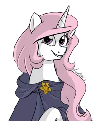 Size: 1390x1663 | Tagged: safe, artist:lunarcakez, derpibooru import, princess celestia, pony, cloak, clothes, cutie mark accessory, cutie mark on clothes, horn, looking at you, pin, pink mane, pink-mane celestia, simple background, solo, white background, younger