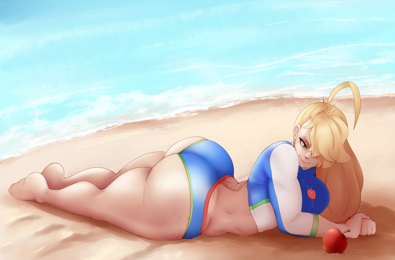 Size: 2617x1724 | Tagged: suggestive, artist:sundown, derpibooru import, applejack, human, equestria girls, equestria girls series, forgotten friendship, ahoge, apple, applebucking thighs, applebutt, applejacked, ass, barefoot, beach, bedroom eyes, big breasts, bikini, blue bikini, blue bikini bottom, blue bikini top, blue bra, blue panties, blue underwear, breasts, busty applejack, clothes, draw me like one of your french girls, extra thicc, feet, female, food, freckles, fruit, hair over one eye, huge butt, humanized, large butt, looking at you, muscles, obligatory apple, pinup, solo, solo female, swimsuit, the ass was fat, thunder thighs, underwear, wide hips