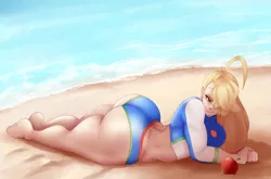 Size: 2617x1724 | Tagged: suggestive, artist:sundown, derpibooru import, applejack, human, equestria girls, equestria girls series, forgotten friendship, ahoge, apple, applebucking thighs, applebutt, applejacked, ass, barefoot, beach, bedroom eyes, big breasts, bikini, blue bikini, blue bikini bottom, blue bikini top, blue bra, blue panties, blue underwear, breasts, busty applejack, clothes, draw me like one of your french girls, extra thicc, feet, female, food, freckles, fruit, hair over one eye, huge butt, humanized, large butt, looking at you, muscles, obligatory apple, pinup, solo, solo female, swimsuit, the ass was fat, thunder thighs, underwear, wide hips