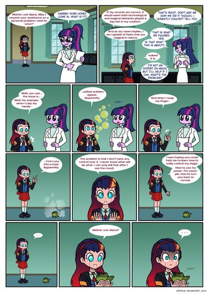 Size: 896x1252 | Tagged: safe, artist:crydius, derpibooru import, sci-twi, twilight sparkle, oc, oc:gamma, android, frog, toad, comic:gamma's magic, equestria girls, bubble, clothes, comic, female, finger snap, gradient hair, image, implied lesbian, implied scitwishimmer, implied shipping, implied sunset shimmer, jacket, lab coat, leather jacket, magic, magical lesbian spawn, necktie, offspring, oh shit, parent:sci-twi, parent:sunset shimmer, parent:twilight sparkle, parents:scitwishimmer, parents:sunsetsparkle, plaid, plaid skirt, pleated skirt, png, school uniform, scientific lesbian spawn, shirt, shoes, skirt, socks, transfiguration, transformation, uh oh, uniform, you dun goofed