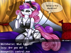 Size: 2000x1500 | Tagged: suggestive, artist:fur-what-loo, derpibooru import, sweetie belle, anthro, robot, unicorn, bed, black underwear, breasts, chat, clothes, female, hack, lingerie, livestream, solo, solo female, sweetie bot, underwear, webcam