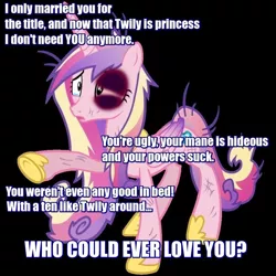 Size: 894x894 | Tagged: abuse, abuse edit, black background, black eye, caddybuse, derpibooru import, edgy, edit, female, image macro, implied incest, implied sex, implied shining armor, implied shiningsparkle, meme, offscreen character, princess cadance, semi-grimdark, simple background, why