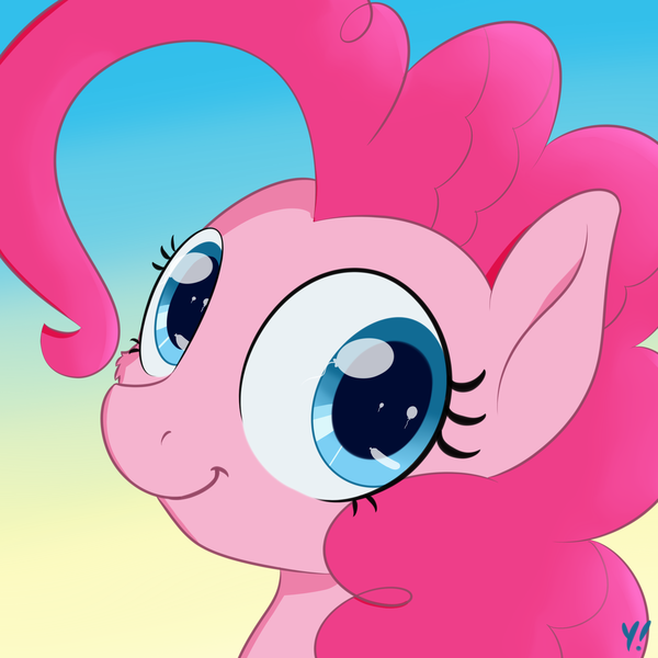 Size: 2000x2000 | Tagged: safe, artist:yakoshi, derpibooru import, pinkie pie, earth pony, pony, bust, cheek fluff, cute, diapinkes, female, gradient background, head only, high res, looking at you, mare, portrait, smiling, solo, wingding eyes