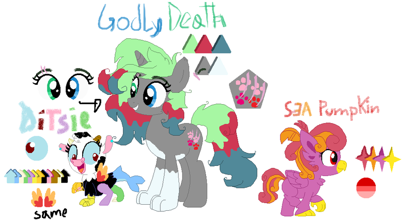 Size: 1012x545 | Tagged: artist:latiapainting, babies, chest fluff, derpibooru import, draconequus, female, filly, heterochromia, hippogriff, mare, oc, oc:ditsie, oc:godly death, oc:sea pumpinkin, pending, reference sheet, safe, scar, simple background, trio, white background, wolf pony