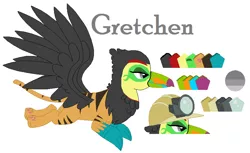 Size: 841x514 | Tagged: safe, artist:latiapainting, derpibooru import, oc, oc:gretchen, unofficial characters only, big cat, bird, gryphon, keel-billed toucan, tiger, tiger griffon, toucan, chest fluff, flying, griffon oc, miner, reference sheet, simple background, solo, toucan griffon, white background