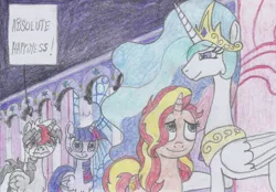 Size: 1748x1219 | Tagged: safe, artist:nephilim rider, derpibooru import, princess celestia, sunset shimmer, twilight sparkle, twilight sparkle (alicorn), oc, oc:heaven lost, alicorn, equestria girls, equestria girls series, forgotten friendship, traditional art