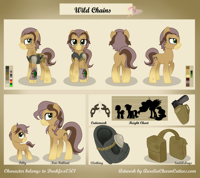 Size: 5400x4801 | Tagged: absurd resolution, artist:raspberrystudios, commission, derpibooru import, fallout equestria, gun, oc, oc:wild chains, reference sheet, saddle bag, safe, unofficial characters only, weapon