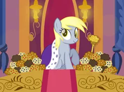 Size: 3636x2723 | Tagged: safe, artist:shutterflyeqd, derpibooru import, derpy hooves, pegasus, pony, derpy day, derpy day 2018, food, muffin, muffin queen, princess derpy, scepter, solo, that pony sure does love muffins, throne