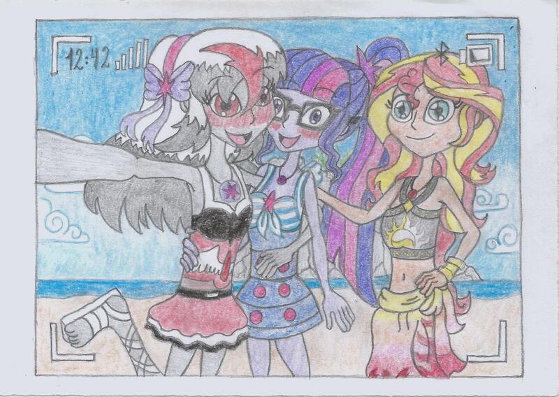 Size: 1748x1242 | Tagged: safe, artist:nephilim rider, derpibooru import, sci-twi, sunset shimmer, twilight sparkle, oc, oc:heaven lost, equestria girls, equestria girls series, forgotten friendship, armpits, beach, clothes, swimsuit, traditional art