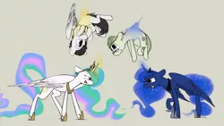 Size: 2394x1349 | Tagged: safe, artist:sinrar, derpibooru import, princess celestia, princess luna, oc, oc:enigma, oc:pipe dream, alicorn, earth pony, pegasus, pony, angry, commission, cute, folded wings, group, magic, simple background