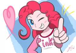 Size: 4093x2894 | Tagged: safe, artist:garammasara, derpibooru import, pinkie pie, equestria girls, clothes, female, grin, heart, looking at you, number one, one eye closed, pink, shaped like itself, smiling, solo, wink