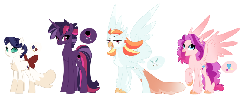 Size: 5000x1982 | Tagged: safe, artist:theroyalartofna, derpibooru import, oc, unofficial characters only, classical hippogriff, hippogriff, hybrid, pony, unicorn, my little pony: the movie, adoptable, bow, colored sclera, female, green eyes, green sclera, interspecies offspring, magical lesbian spawn, mare, offspring, parent:capper, parent:captain celaeno, parent:pinkie pie, parent:princess skystar, parent:rainbow dash, parent:rarity, parent:tempest shadow, parent:twilight sparkle, parents:capperity, parents:celaenodash, parents:skypie, parents:tempestlight, raised claw, simple background, tail bow, transparent background