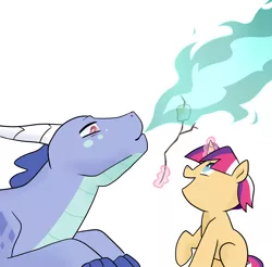 Size: 2000x1970 | Tagged: artist:theroyalartofna, blank flank, derpibooru import, dragon, female, filly, fire, fire breath, food, marshmallow, oc, oc:bella sparkle, oc:sapphire, offspring, parent:flash sentry, parent:princess ember, parents:emberspike, parents:flashlight, parent:spike, parent:twilight sparkle, safe, simple background, unofficial characters only, white background