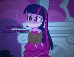 Size: 990x768 | Tagged: semi-grimdark, artist:snakeythingy, derpibooru import, twilight sparkle, equestria girls, bondage, bound and gagged, cloth gag, damsel in distress, dialogue, fall formal, fall formal outfits, gag, image, manip, muffled words, notmyprincess, peril, photomanipulation, png, request, rope, rope bondage, story included, tied up