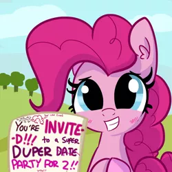 Size: 1650x1650 | Tagged: safe, artist:tjpones, derpibooru import, pinkie pie, earth pony, pony, blushing, bronybait, bust, crossed out, cute, daaaaaaaaaaaw, diapinkes, ear fluff, female, grin, hooves together, invitation, letter, looking at you, mare, nervous, nervous grin, offscreen character, ponk, sign, smiling, solo, squee, subtle as a train wreck, sweet dreams fuel, text, tjpones is trying to murder us, wow