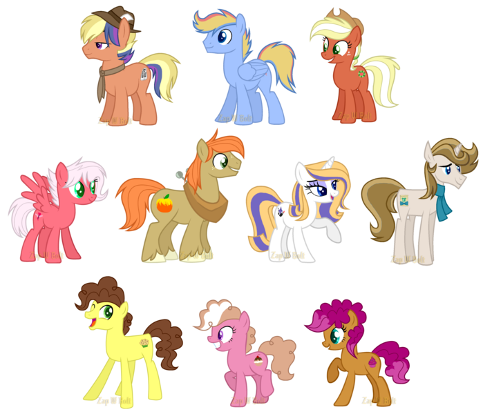 Size: 2500x2147 | Tagged: safe, artist:detoxx-retoxx, derpibooru import, oc, oc:autumn gold, oc:chocolate chip, oc:cream puff, oc:crystalline, oc:flitterbug, oc:pierre chic, oc:red pippin, oc:sprinkle pie, oc:wednesday paper, oc:wild blue, unofficial characters only, earth pony, pegasus, pony, unicorn, base used, clothes, colored pupils, female, half-siblings, hat, male, mare, necktie, next generation, offspring, parent:applejack, parent:big macintosh, parent:cheese sandwich, parent:donut joe, parent:dumbbell, parent:flim, parent:fluttershy, parent:pinkie pie, parent:prince blueblood, parent:quibble pants, parent:rainbow dash, parent:rarity, parent:twilight sparkle, parents:cheesepie, parents:dumbdash, parents:flimjack, parents:fluttermac, parents:quibblelight, parents:rariblood, parents:rarijoe, scarf, simple background, stallion, transparent background, yoke