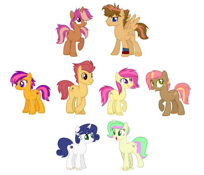 Size: 2500x2147 | Tagged: safe, artist:detoxx-retoxx, derpibooru import, oc, unofficial characters only, earth pony, pegasus, pony, unicorn, base used, colored pupils, female, male, mare, offspring, parent:apple bloom, parent:babs seed, parent:barley grind, parent:button mash, parent:carrot crunch, parent:scootaloo, parent:sweetie belle, parent:tender taps, parents:buttonseed, parents:scootagrind, parents:sweetiecrunch, parents:tenderbloom, simple background, stallion, transparent background