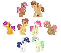 Size: 2500x2147 | Tagged: safe, artist:detoxx-retoxx, derpibooru import, oc, unofficial characters only, earth pony, pegasus, pony, unicorn, base used, colored pupils, female, male, mare, offspring, parent:apple bloom, parent:babs seed, parent:barley grind, parent:button mash, parent:carrot crunch, parent:scootaloo, parent:sweetie belle, parent:tender taps, parents:buttonseed, parents:scootagrind, parents:sweetiecrunch, parents:tenderbloom, simple background, stallion, transparent background