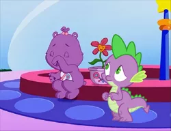 Size: 1763x1351 | Tagged: care bears, care bears adventures of care a lot, crossover, crying, derpibooru import, feeling sorry, flower, fountain, purse, safe, share bear, spike, sympathy