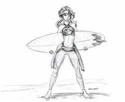 Size: 1400x1135 | Tagged: safe, artist:baron engel, derpibooru import, sunset shimmer, equestria girls, barefoot, beach, belly button, clothes, feet, female, grayscale, looking at you, monochrome, ocean, pencil drawing, sand, simple background, sketch, smiling, solo, surfboard, surfer, swimsuit, traditional art, wetsuit, white background