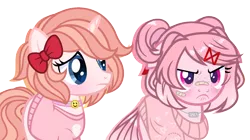 Size: 1996x1120 | Tagged: safe, artist:strawberry-spritz, derpibooru import, oc, oc:sakurana, oc:sunny side up, unofficial characters only, earth pony, pony, unicorn, angry, baka, base used, bow, clothes, costume, cute, cute little fangs, doki doki literature club, duo, fangs, female, floppy ears, freckles, hair bow, jewelry, mare, natsuki, necklace, not ponified but actually a based on oc, resemblance, sayori, shirt, simple background, sweater, transparent background
