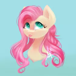 Size: 5000x5000 | Tagged: safe, artist:thefluffyvixen, derpibooru import, fluttershy, pony, :p, absurd resolution, blue background, bust, cute, female, looking away, portrait, shyabetes, silly, simple background, smiling, solo, tongue out