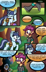 Size: 768x1202 | Tagged: safe, artist:snakeythingy, derpibooru import, scootaloo, oc, oc:spiral swirl, human, pony, equestria girls, boots, comic, commission, dialogue, imminent hypnosis, looking at each other, shoes