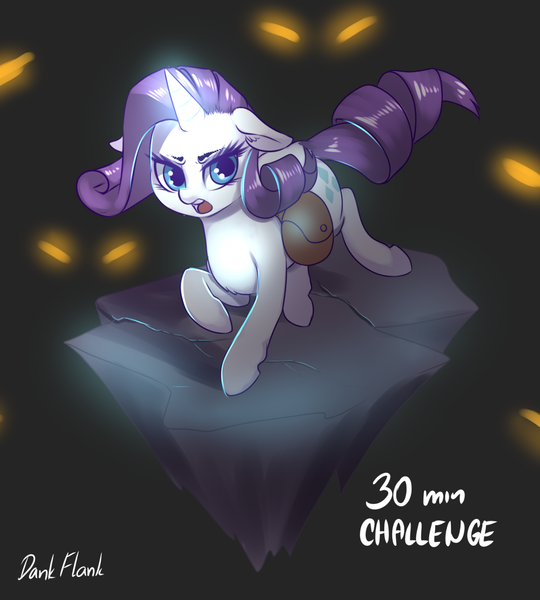 Size: 1280x1423 | Tagged: safe, artist:dankflank, derpibooru import, rarity, pony, unicorn, 30 minute art challenge, dirt cube, eyes in the dark, female, glowing eyes, glowing horn, mare, saddle bag, satchel, solo