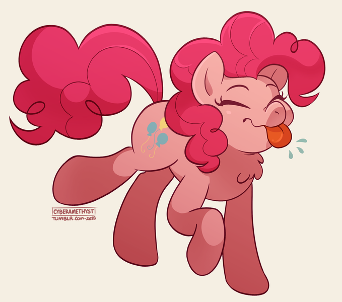 Size: 1849x1635 | Tagged: safe, artist:cyberamethyst, derpibooru import, pinkie pie, earth pony, pony, :p, chest fluff, eyes closed, female, mare, raised hoof, silly, silly pony, simple background, solo, tongue out