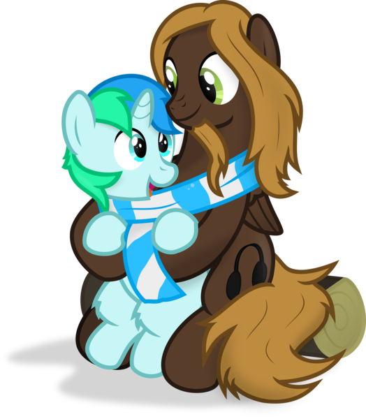 Size: 3000x3433 | Tagged: safe, artist:sollace, derpibooru import, oc, oc:cyan lightning, oc:mellow rhythm, unofficial characters only, pony, accessory swap, clothes, colt, cute, duo, facial hair, fluffy, foal, happy, male, scarf, shared clothing, shared scarf, simple background, sitting, sitting on lap, smiling, stallion, transparent background, vector