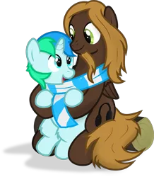 Size: 3000x3433 | Tagged: safe, artist:sollace, derpibooru import, oc, oc:cyan lightning, oc:mellow rhythm, unofficial characters only, pony, accessory swap, clothes, colt, cute, duo, facial hair, fluffy, foal, happy, male, scarf, shared clothing, shared scarf, simple background, sitting, sitting on lap, smiling, stallion, transparent background, vector