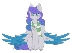 Size: 2116x1564 | Tagged: safe, artist:sugartm, derpibooru import, oc, oc:lyra, pegasus, pony, clothes, colored wings, female, mare, multicolored wings, scar, scarf, simple background, sitting, solo, transparent background