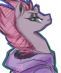 Size: 490x589 | Tagged: safe, artist:candasaurus, derpibooru import, tempest shadow, pony, unicorn, my little pony: the movie, broken horn, clothes, colored sketch, eye scar, female, hoodie, looking at you, scar, simple background, smiling, solo, transparent background