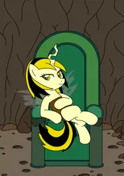 Size: 850x1200 | Tagged: artist:linedraweer, cave, changeling, changeling oc, commission, derpibooru import, female, oc, oc:yellow jacket, rock, safe, sitting, solo, throne, unofficial characters only, wings, yellow changeling