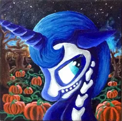 Size: 1267x1259 | Tagged: artist:colorsceempainting, clothes, costume, cute, derpibooru import, giveaway, glow-in-the-dark, halloween, halloween costume, holiday, luna eclipsed, night, paint, painting, princess luna, pumpkin, safe, skeleton costume, smiling, solo, traditional art, tree, watermark