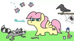 Size: 813x453 | Tagged: safe, artist:jargon scott, derpibooru import, fluttershy, butterfly, earthworm, jackdaw, pegasus, pony, raccoon, spider, worm, aminals, animal, butterscotch, drinking bird, male, rule 63, simple background, spider web, squatpony, stallion, white background