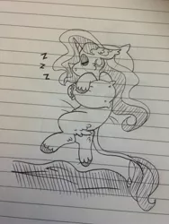 Size: 2448x3264 | Tagged: safe, artist:maximumbark, derpibooru import, oc, oc:princess garbage, unofficial characters only, pony, unicorn, female, grayscale, lined paper, mare, monochrome, sleeping, solo, traditional art, unshorn fetlocks, zzz